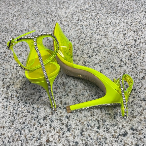 Stuart Weitzman Heel Women 7 Glam 100 Strap Pump Neon Yellow Rhinestone Shoe - Picture 3 of 6